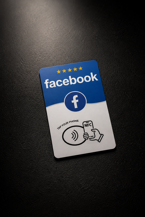 Facebook NFC Karte, blaues Design mit Tap your phone Hinweis