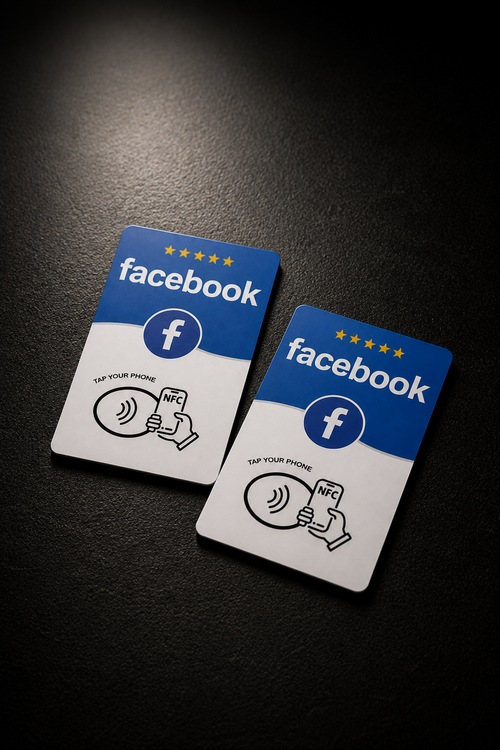 Facebook NFC Karte, blaues Design mit Tap your phone Hinweis
