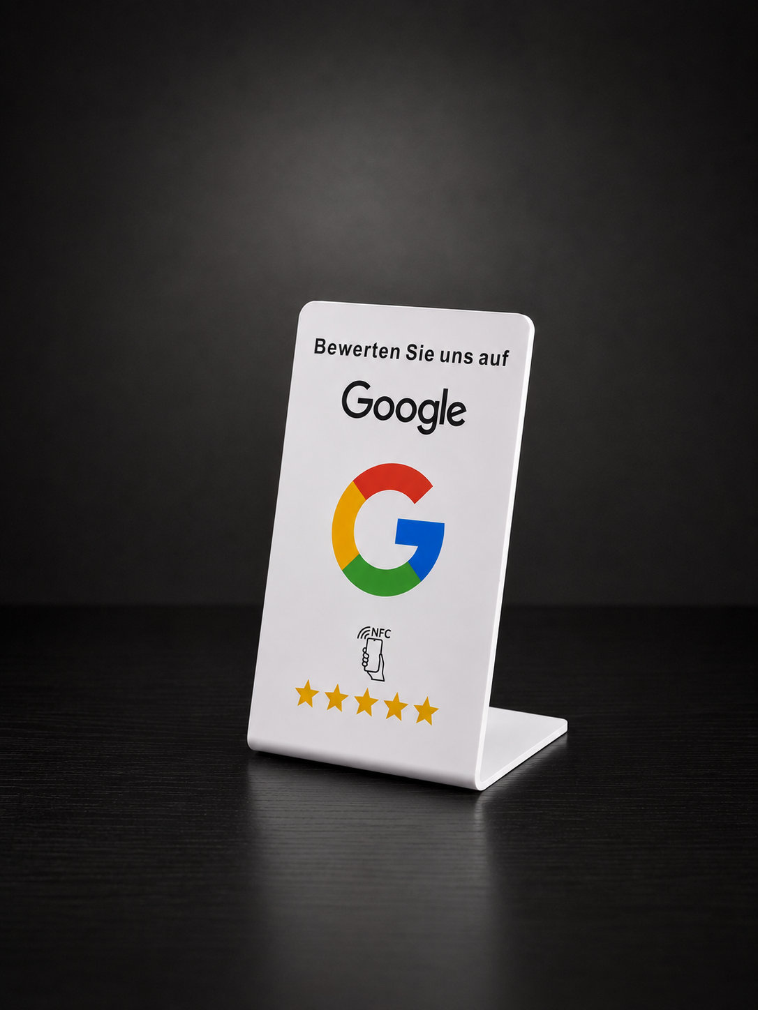 Google Aufsteller und NFC Bewertungskarte im Set nebeneinander
