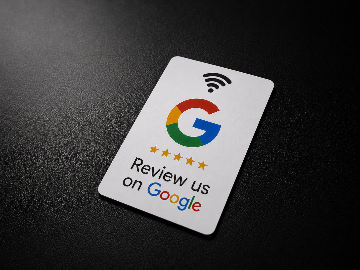 NFC Karte mit Aufschrift Review us on Google und Google Logo